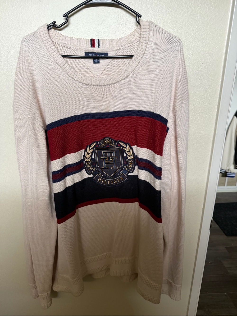 Tommy Hilfiger Cream Sweater with Red, Navy & White Stripes and Crest